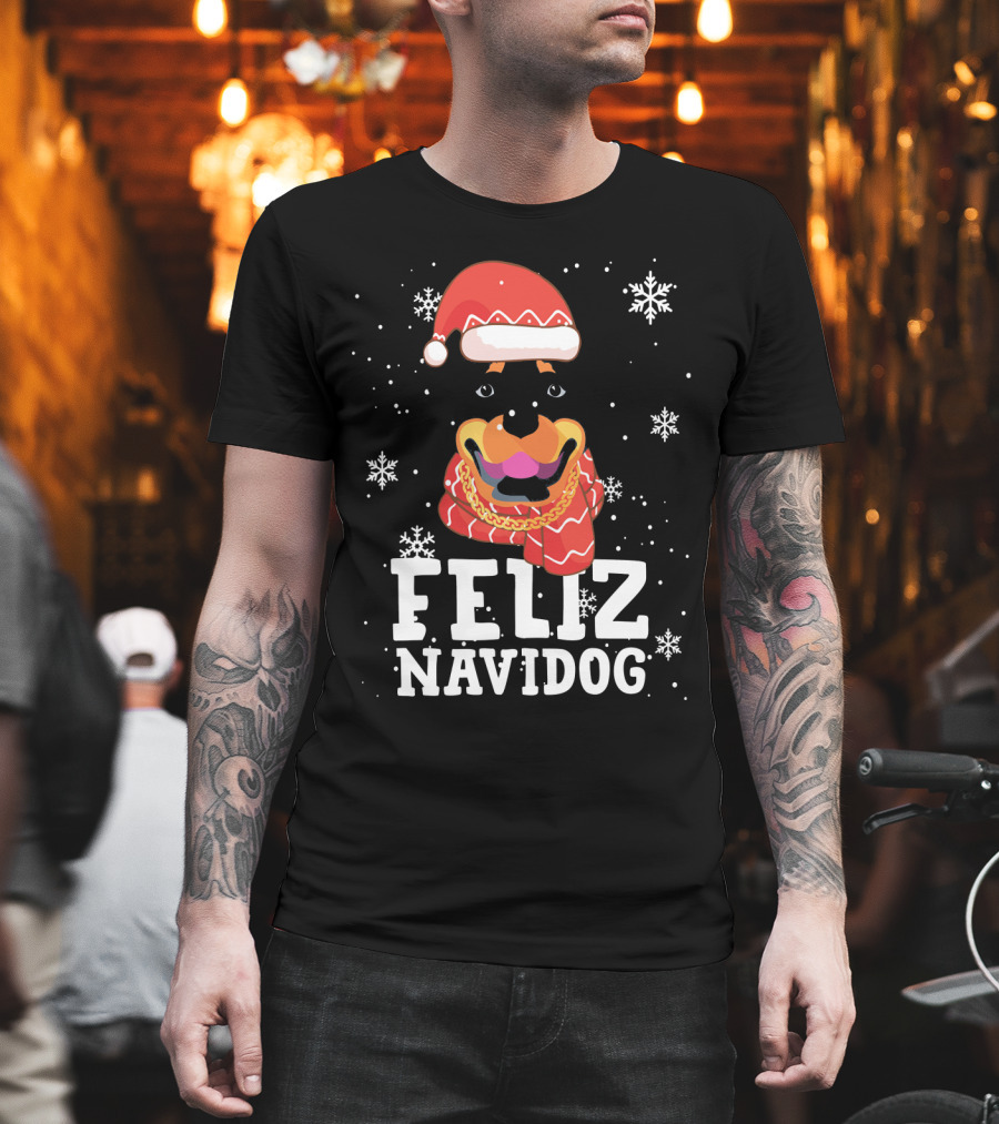Feliz Navidog Rottweiler Christmas Santa Hat Snowflakes Ugly Sweaters T-Shirt