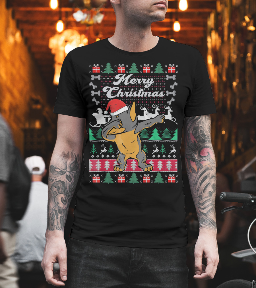 Merry Christmas Doberman Dabbing In Santa Hat With Holiday Symbols T-Shirt