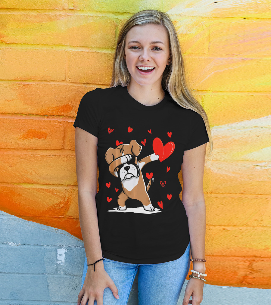 Dabbing Boxer Dog Holding Heart With Valentines Day T-Shirt