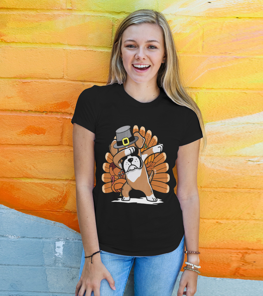 Thanksgiving Dabbing Boxer Dog Pilgrim Hat Turkey T-Shirt