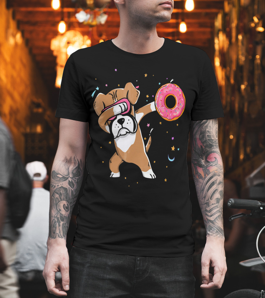Funny Donut Day Dabbing Boxer With Sprinkled Donut In Stars And Moon T-Shirt