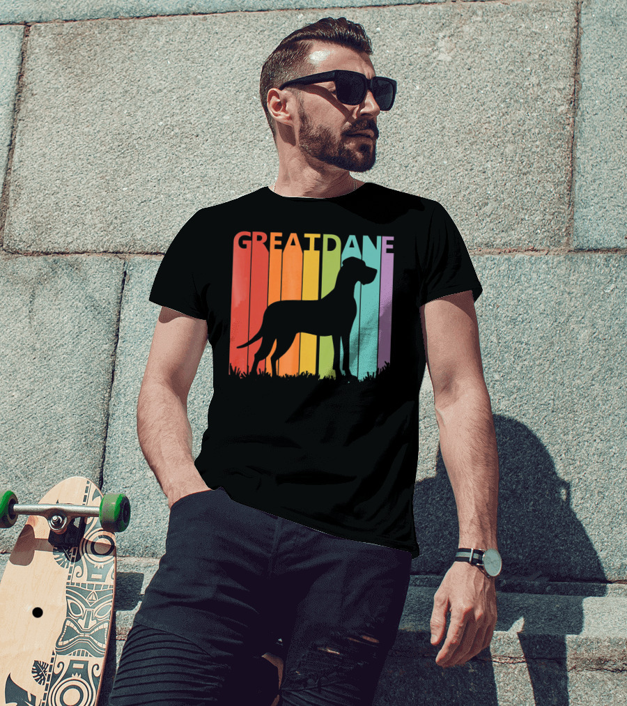 Great Dane Dog Silhouette Retro Rainbow Stripes T-Shirt