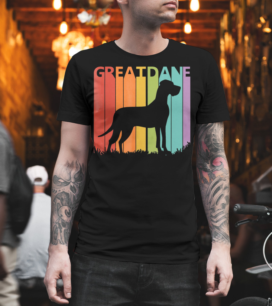 Great Dane Dog Silhouette Retro Rainbow Stripes T-Shirt