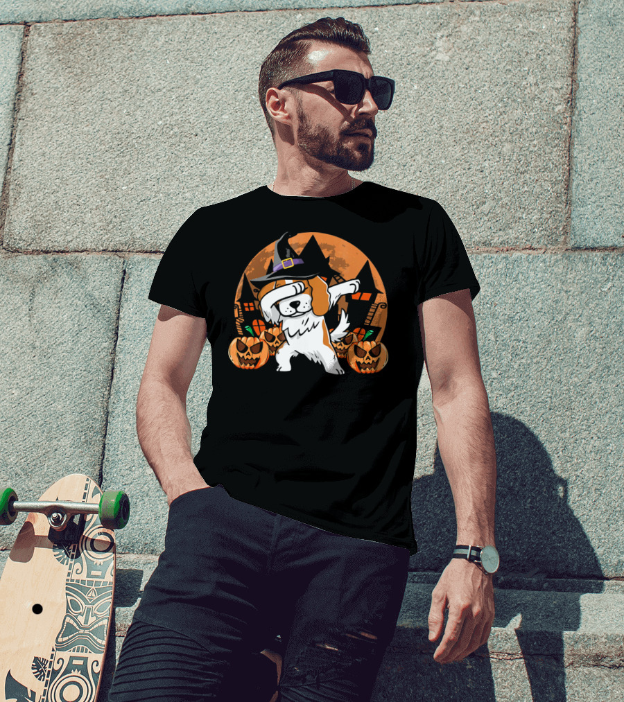 Funny Halloween Dabbing Cavalier Witch Hat Pumpkins Haunted House T-Shirt