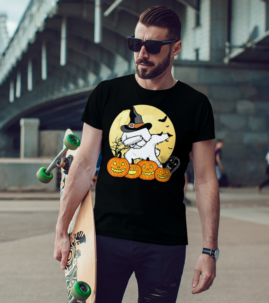 Funny Halloween Maltese Dog With Pumpkins And Witch Hat T-Shirt