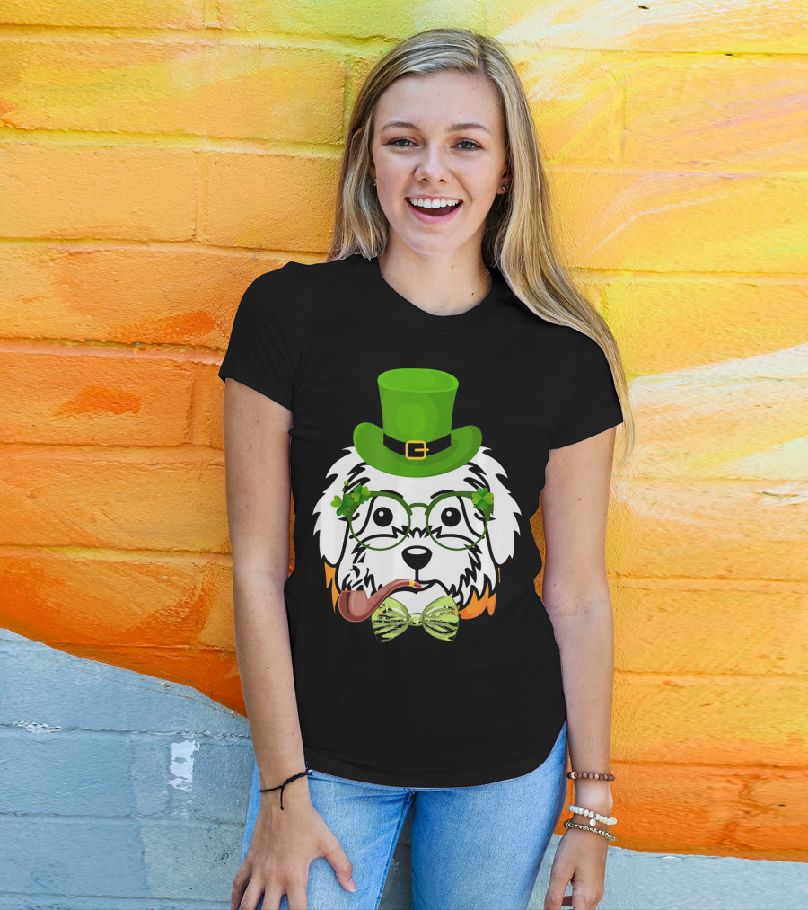 Maltese Dog In Leprechaun Hat With Pipe And Shamrocks For St Patrick's Day T-Shirt