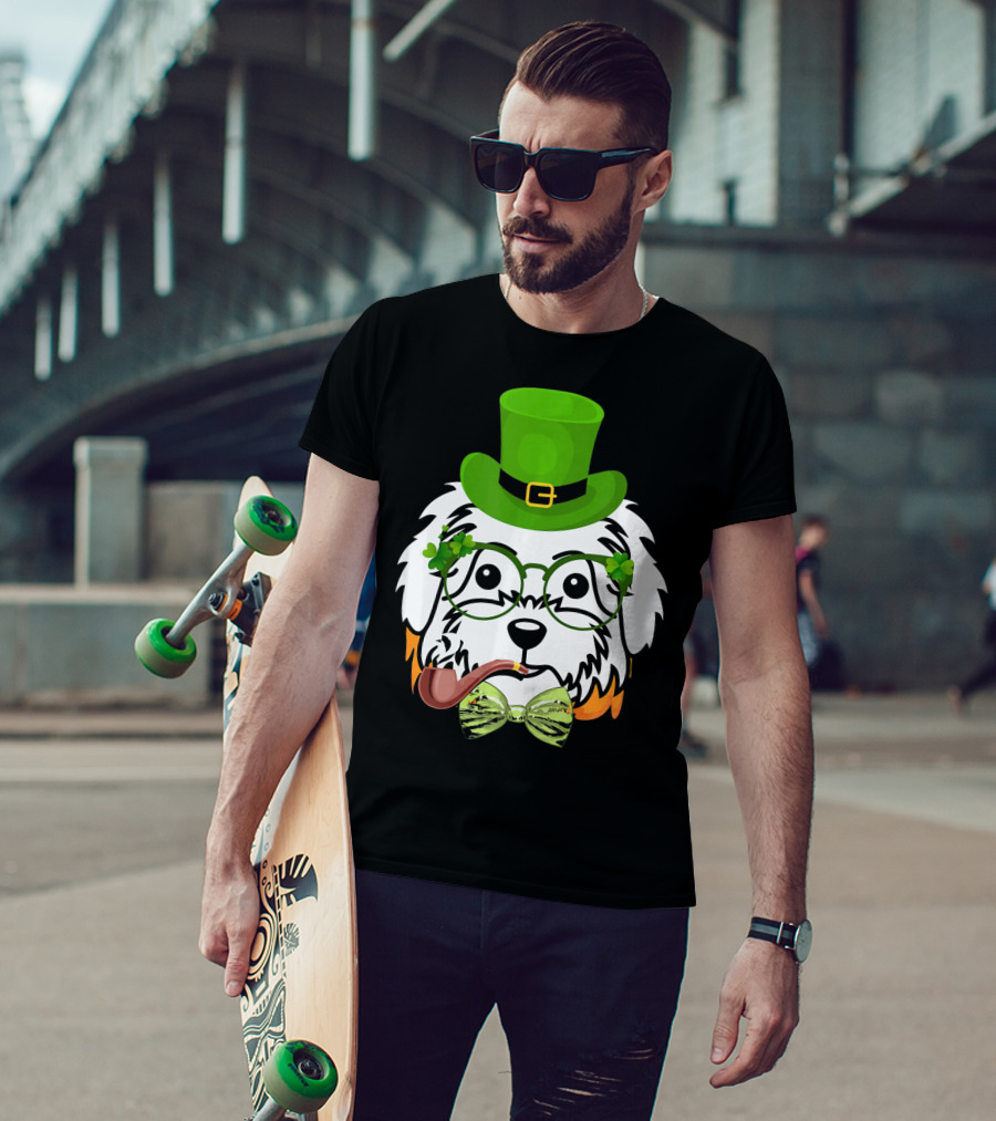 Maltese Dog In Leprechaun Hat With Pipe And Shamrocks For St Patrick's Day T-Shirt