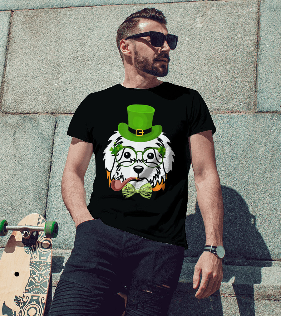 Maltese Dog In Leprechaun Hat With Pipe And Shamrocks For St Patrick's Day T-Shirt