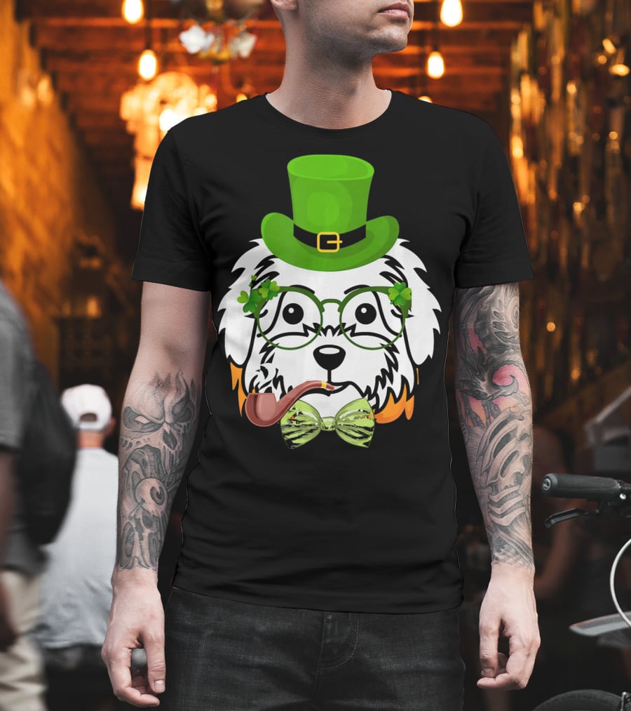 Maltese Dog in Leprechaun Hat with Pipe and Shamrocks for St Patrick's Day T-Shirt
