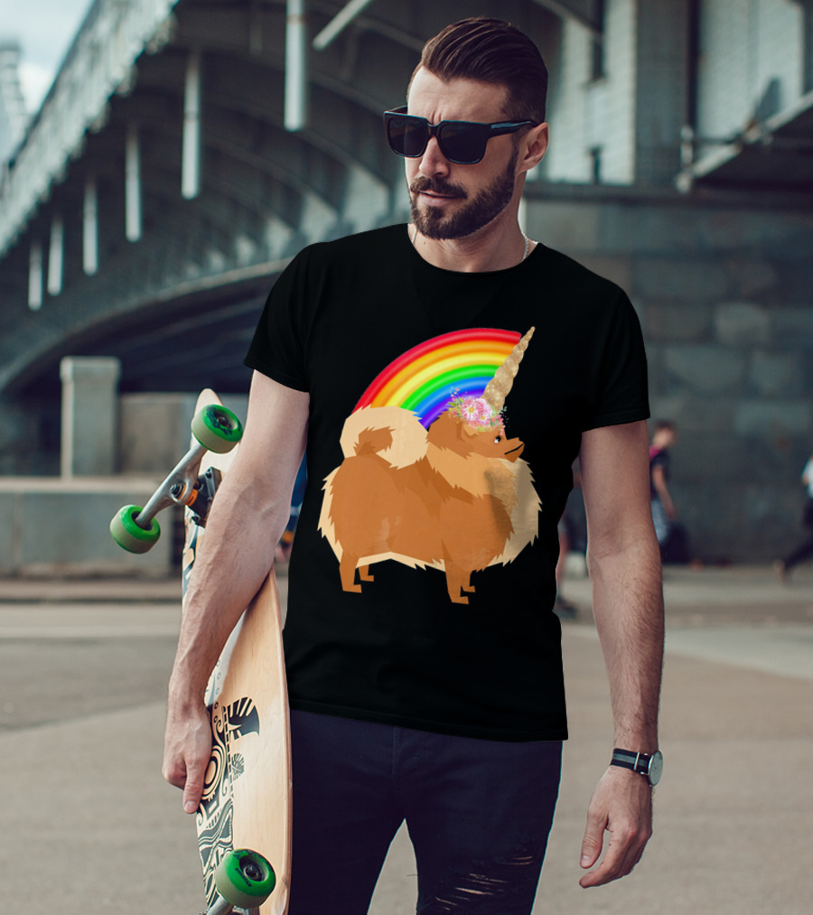 Pomeranian Rainbow Unicorn Dog With Floral Horn And Doodle Elements T-Shirt