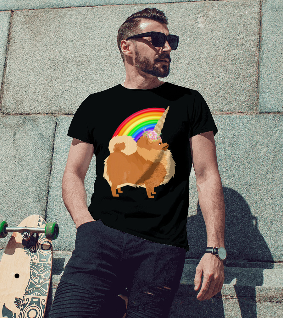 Pomeranian Rainbow Unicorn Dog With Floral Horn And Doodle Elements T-Shirt