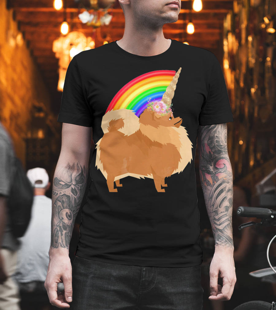 Pomeranian Rainbow Unicorn Dog With Floral Horn And Doodle Elements T-Shirt