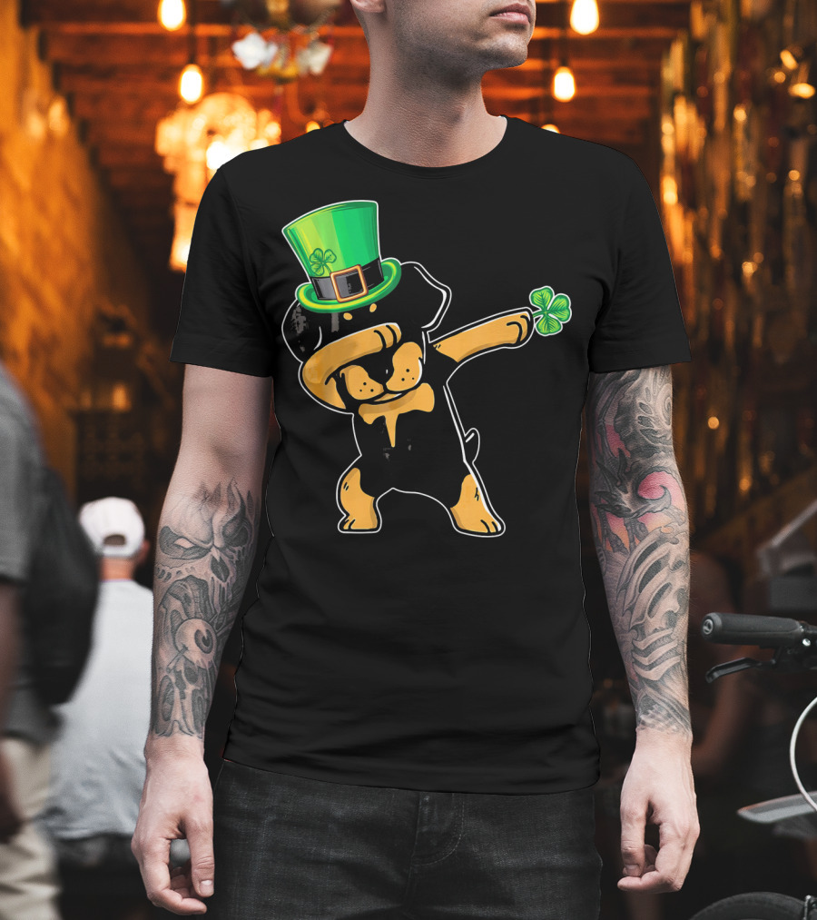Funny St. Patrick's Day Rottweiler Dab Dabbing Dance with Green Hat and Shamrock T-Shirt