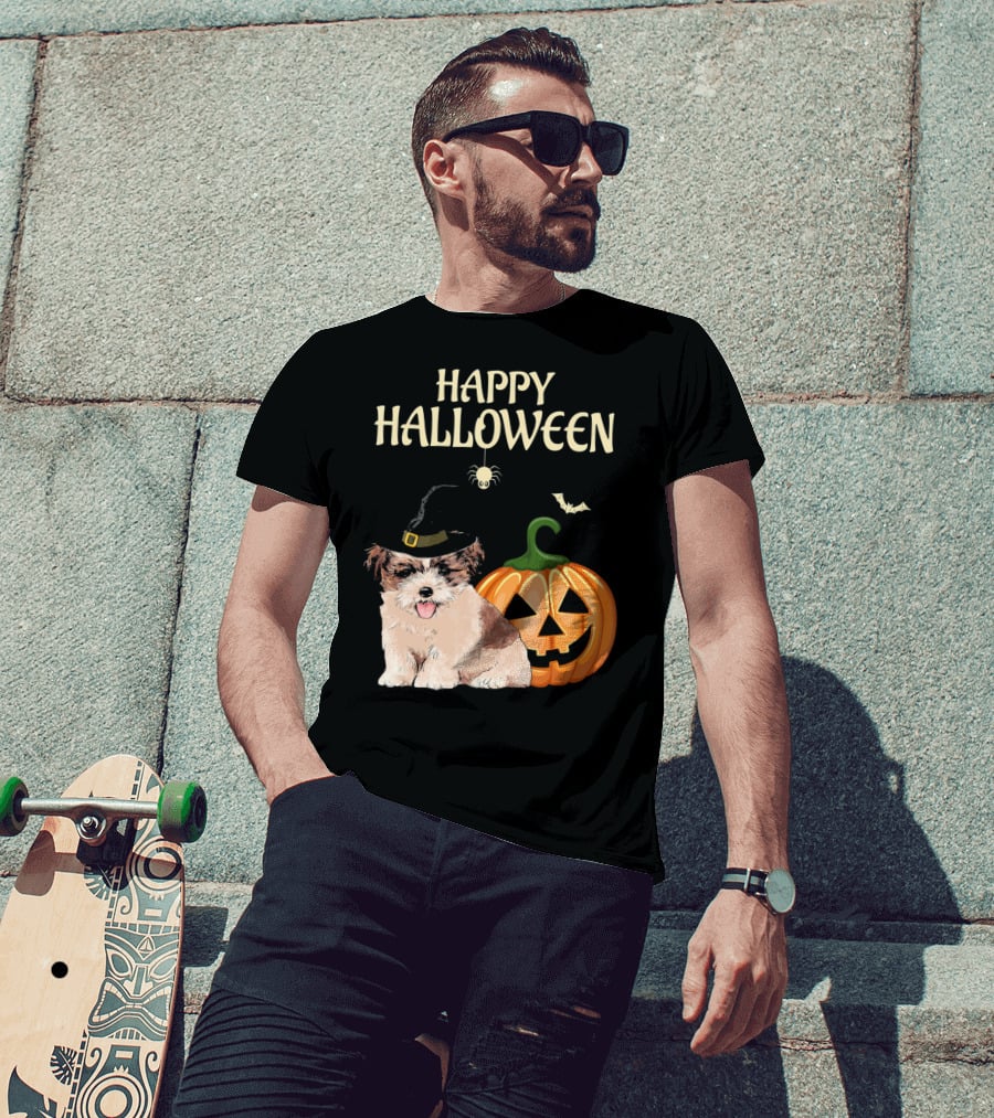 Happy Halloween Shih Tzu With Pumpkin And Witch Hat T-Shirt