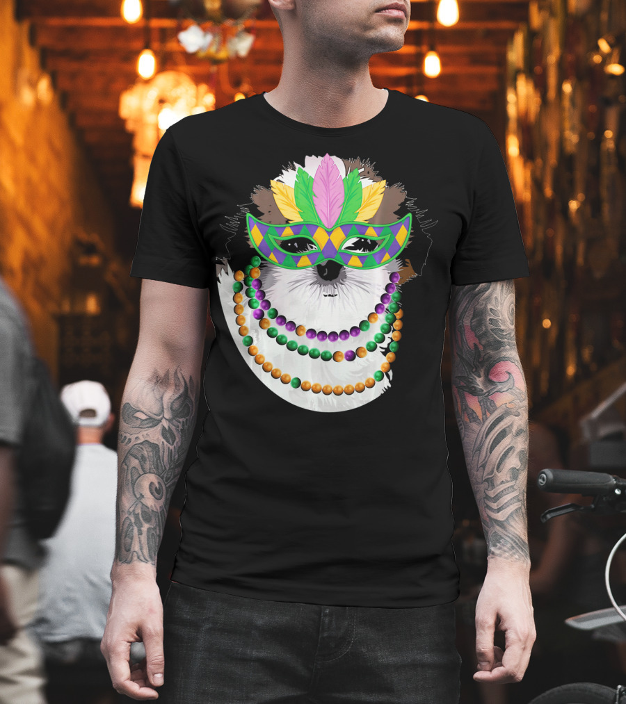 Funny Shih Tzu Mardi Gras Beads Necklace Mask with Colorful Feathered Mask T-Shirt
