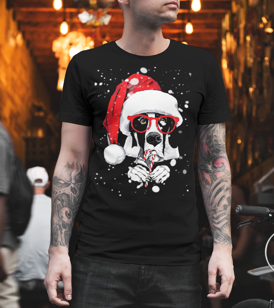 Great Dane Licking Candy Cane with Santa Xmas Hat and Red Glasses Snowflakes T-Shirt