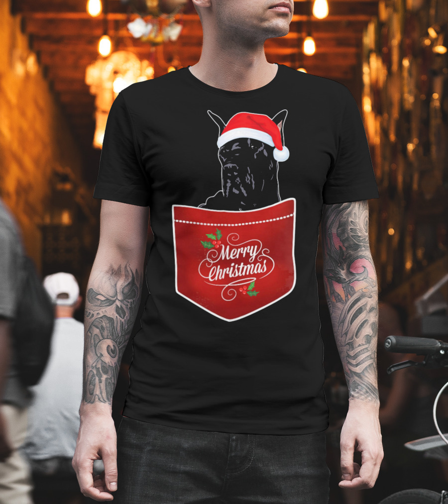 Great Dane In Santa Hat With Merry Christmas Pocket T-Shirt