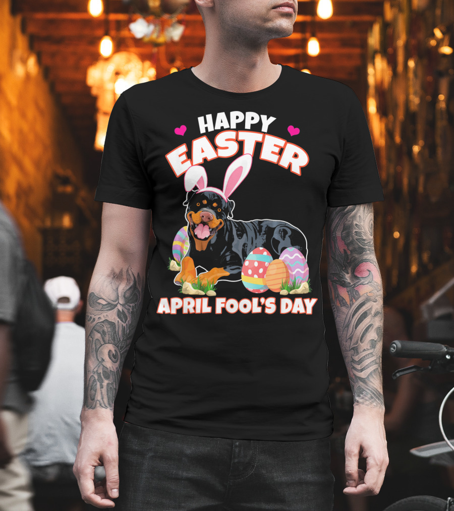 Happy Easter April Fool's Day Funny Rottweiler with Bunny Ears and Colorful Eggs T-Shirt