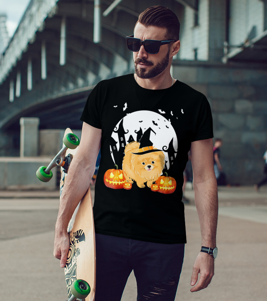 Happy Halloween Little Witch Pomeranian Dog With Pumpkins And Haunted House T-Shirt