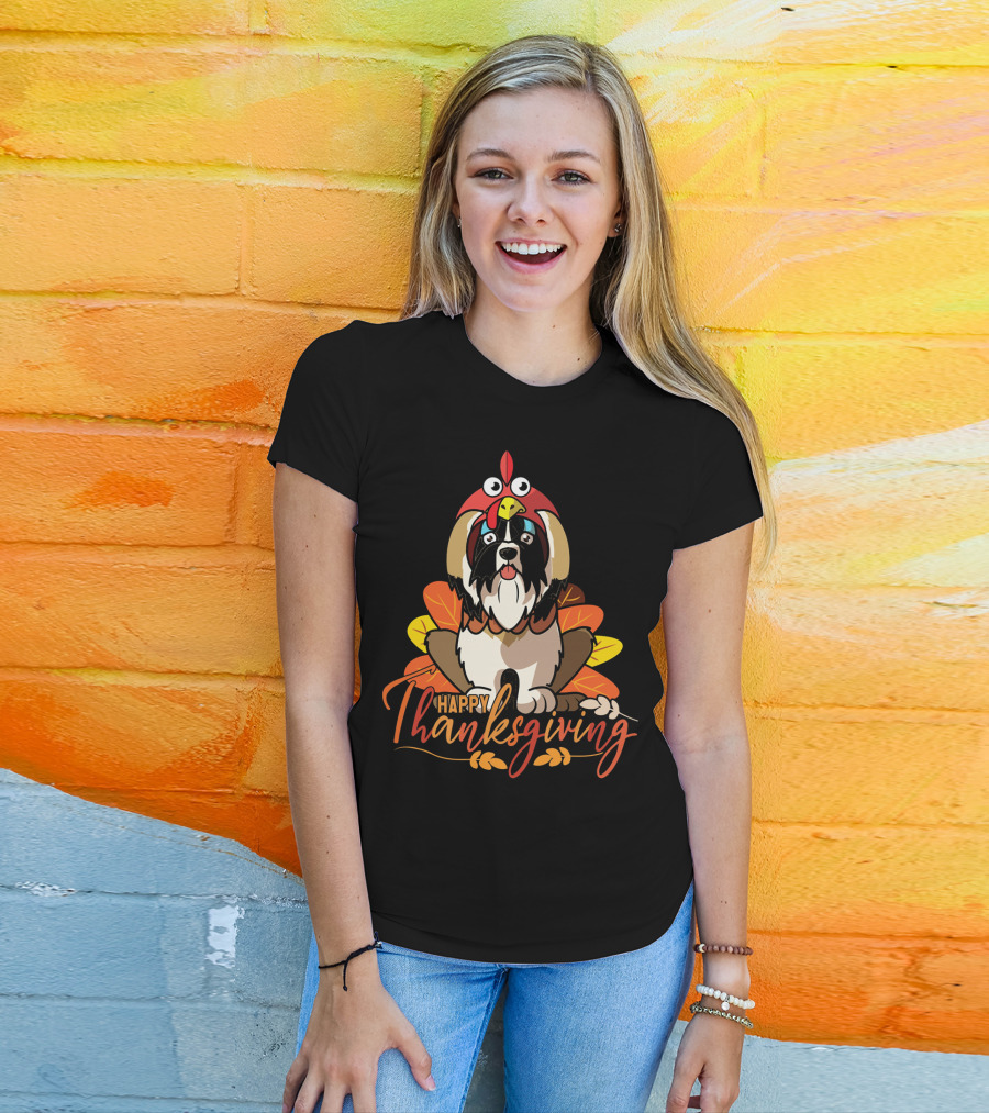 Happy Thanksgiving Shih Tzu In Turkey Costume With Leaves T-Shirt