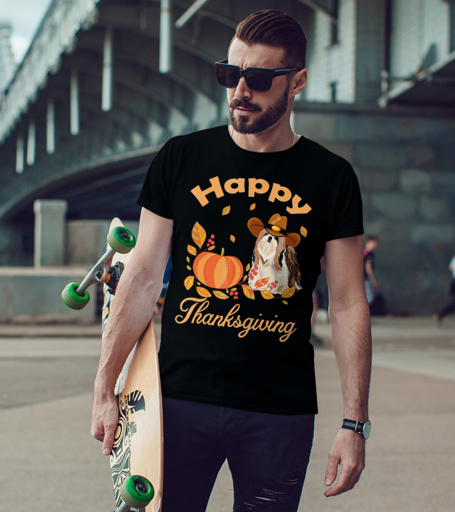 Happy Thanksgiving Shih Tzu Cowboy Pumpkin Leaves T-Shirt