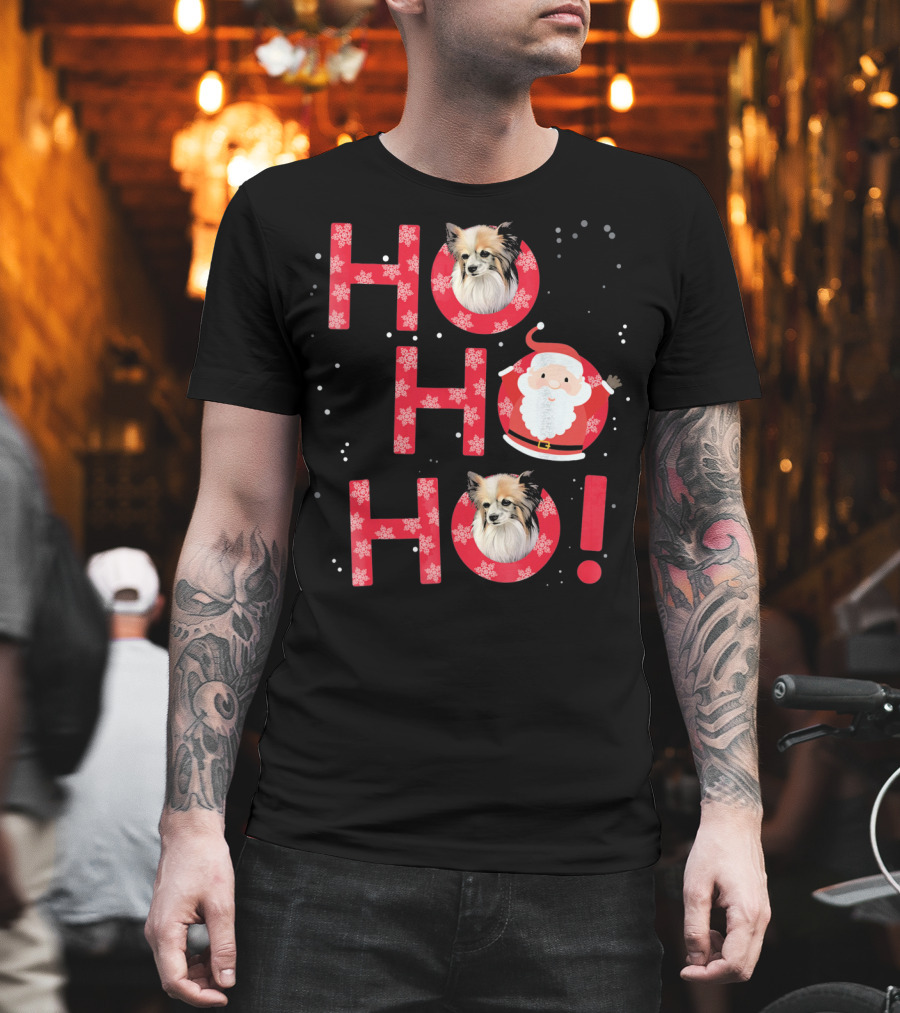 Ho Ho Ho Papillon Dog Santa's Laugh with Snowflakes T-Shirt