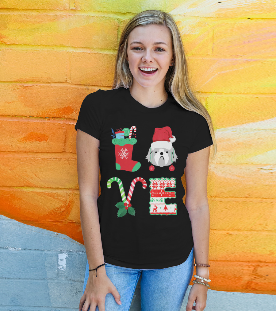 Love Shih Tzu Christmas Dog In Santa Hat With Stocking Candy Canes T-Shirt