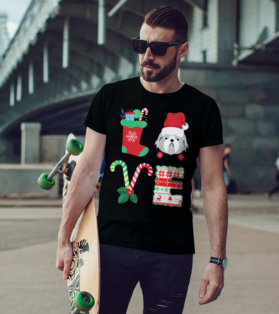 Love Shih Tzu Christmas Dog In Santa Hat With Stocking Candy Canes T-Shirt