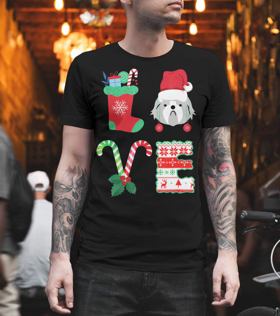 Love Shih Tzu Christmas Dog in Santa Hat with Stocking Candy Canes T-Shirt