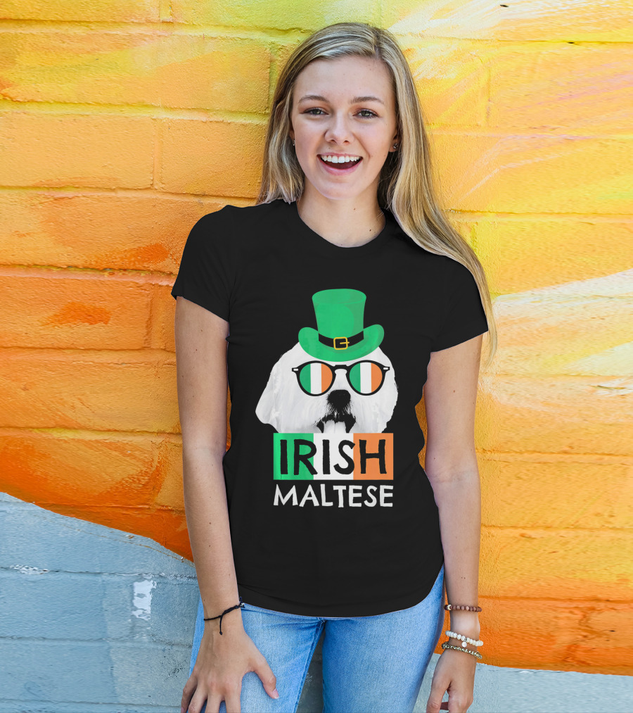 Irish Maltese St Patricks Day Dog Wearing Shamrock Hat And Glasses T-Shirt