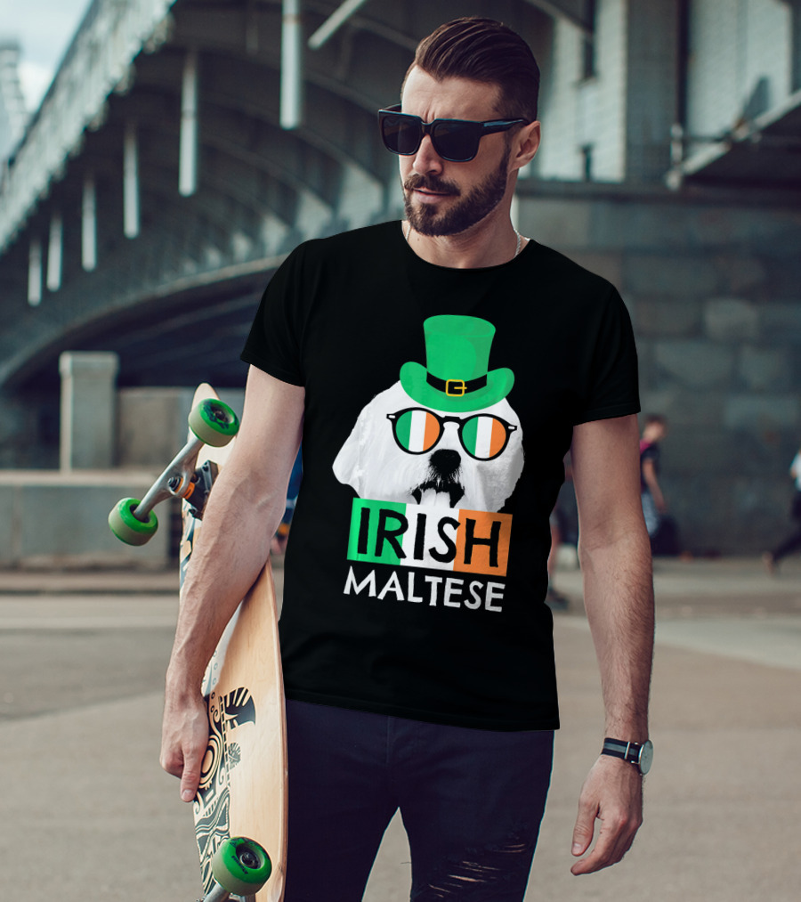 Irish Maltese St Patricks Day Dog Wearing Shamrock Hat And Glasses T-Shirt