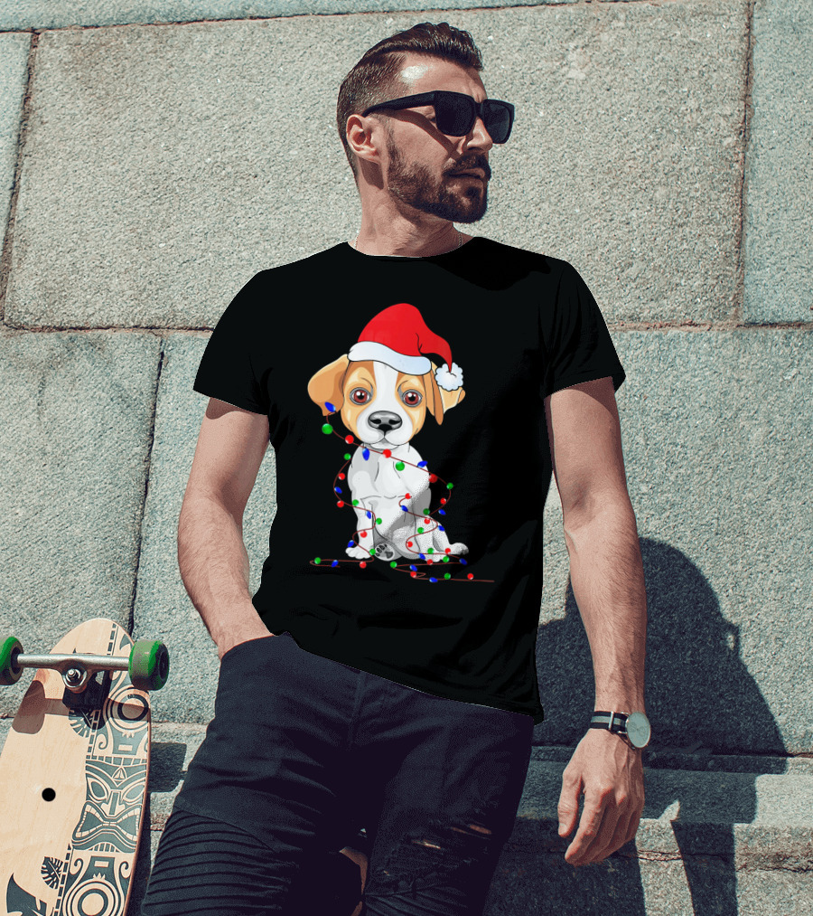 Jack Russell Christmas Lights Decoration Santa Hat T-Shirt