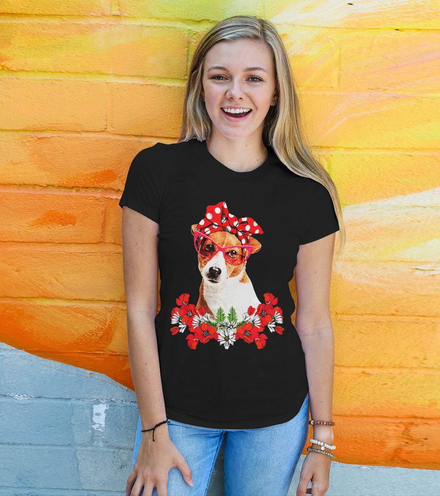 Jack Russell Dog Moms Red Polka Dot Bandana Glasses Mixed Flower Mothers T-Shirt