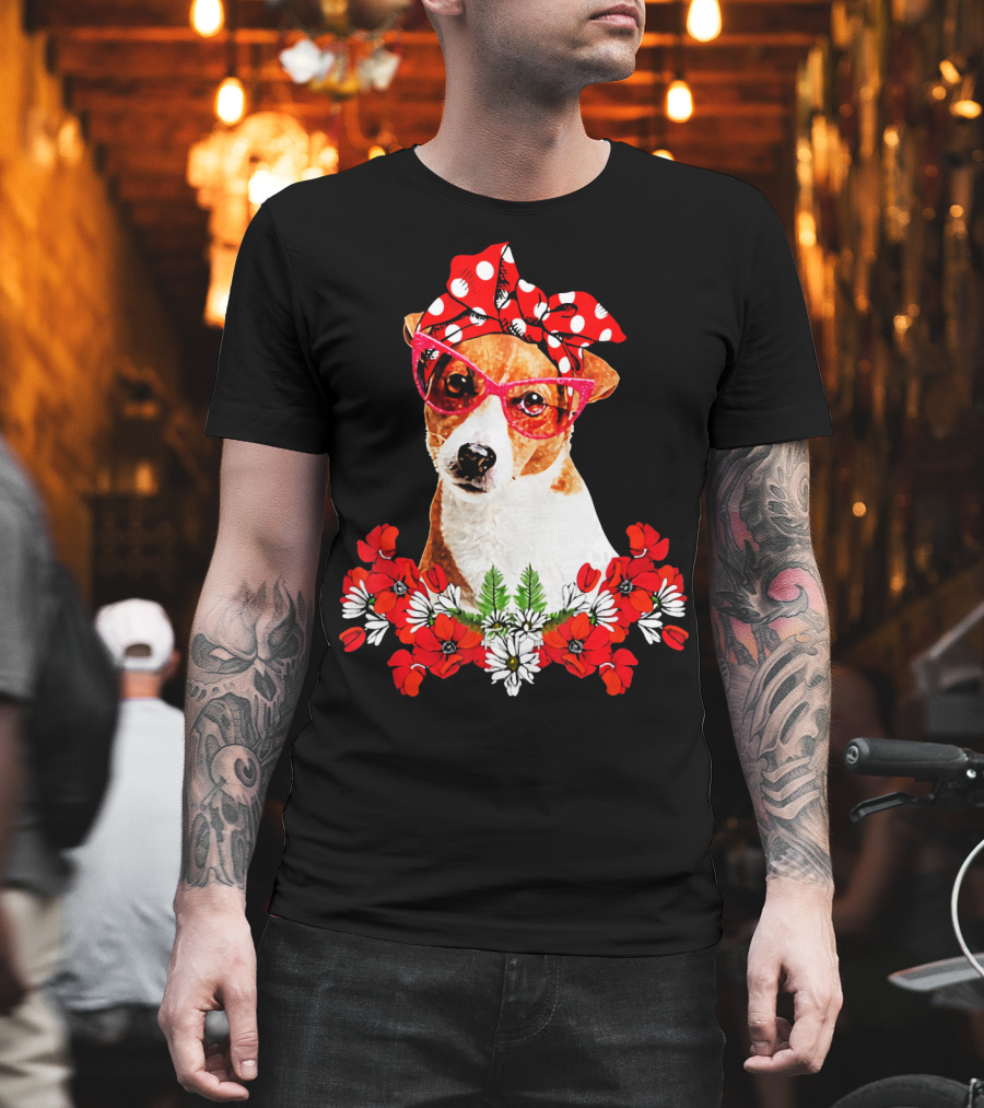 Jack Russell Dog Moms Red Polka Dot Bandana Glasses Mixed Flower Mothers T-Shirt