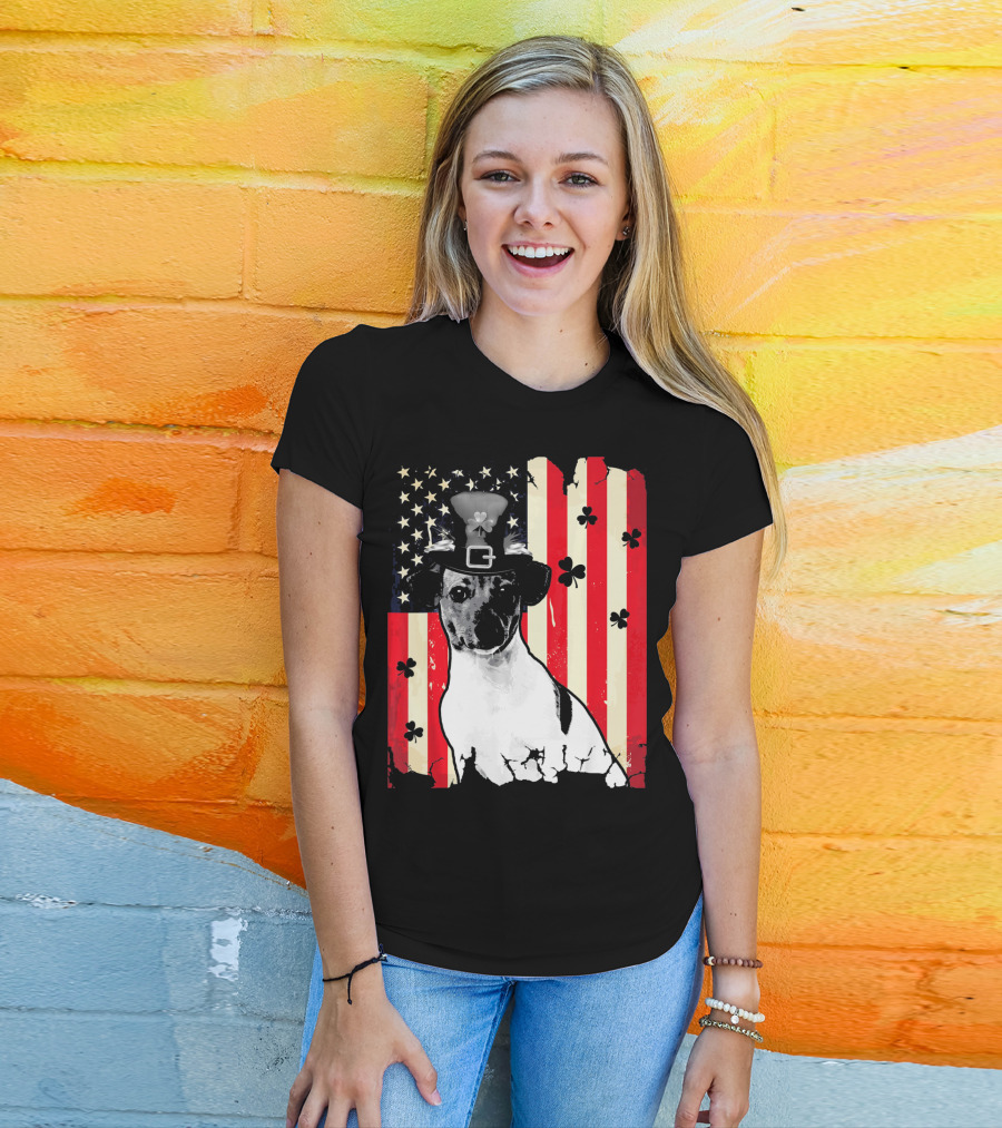 Jack Russell Terrier American Flag St Patricks Day With Shamrocks T-Shirt
