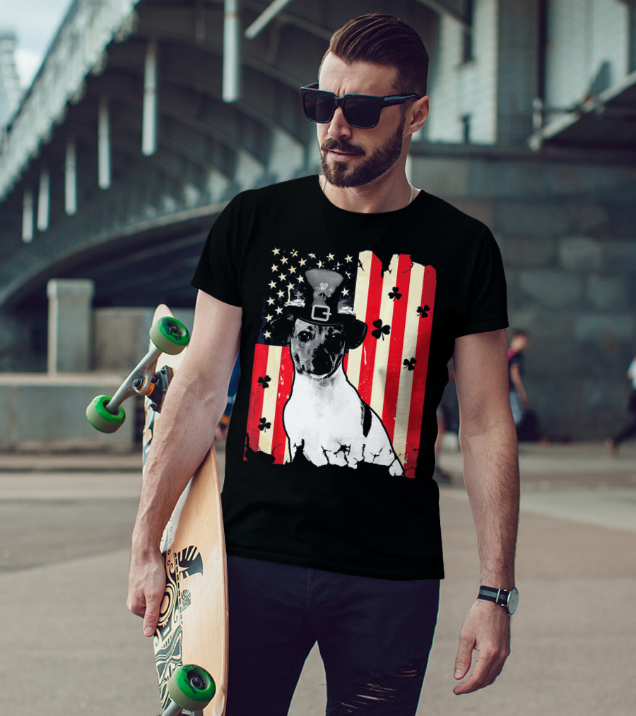 Jack Russell Terrier American Flag St Patricks Day With Shamrocks T-Shirt