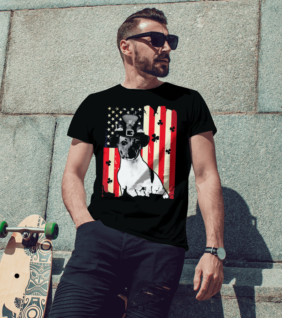 Jack Russell Terrier American Flag St Patricks Day With Shamrocks T-Shirt