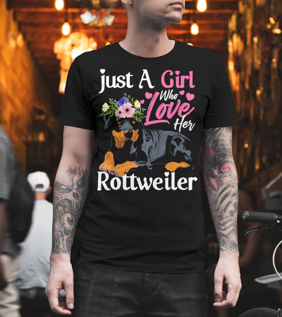 Just A Girl Who Loves Her Rottweiler With Floral Crown and Heart Accents T-Shirt