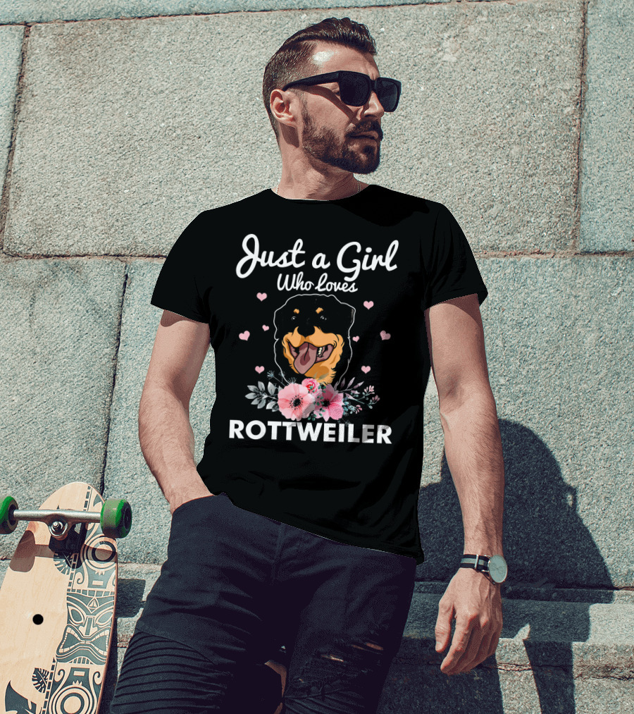 Just A Girl Who Loves Rottweiler With Floral Accents And Heart Details T-Shirt