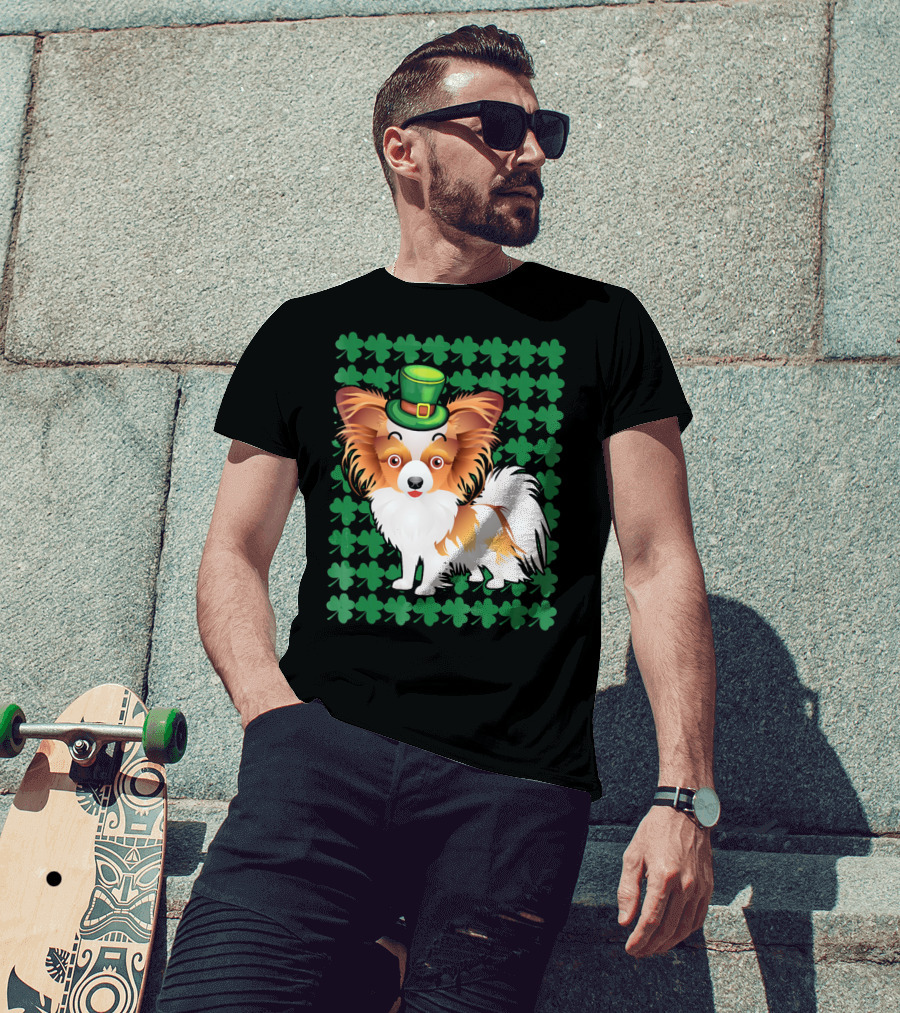 Papillon Dog In Leprechaun Hat Surrounded By Clover T-Shirt