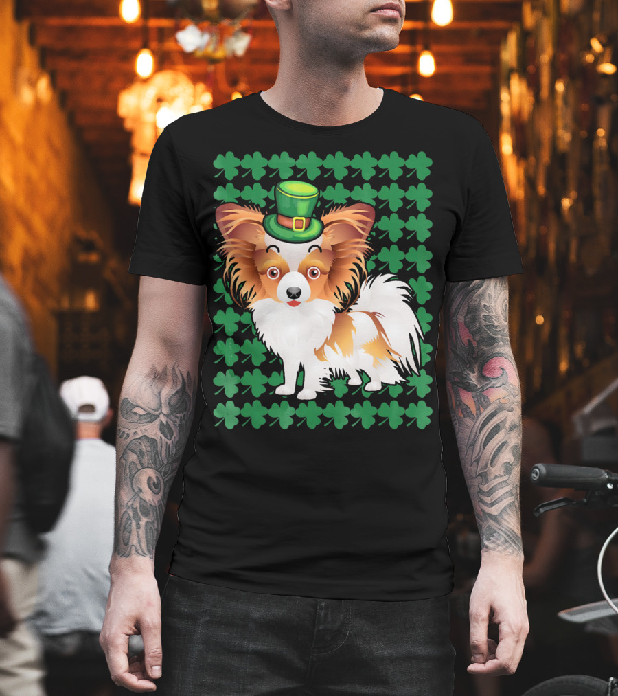 Papillon Dog In Leprechaun Hat Surrounded By Clover T-Shirt