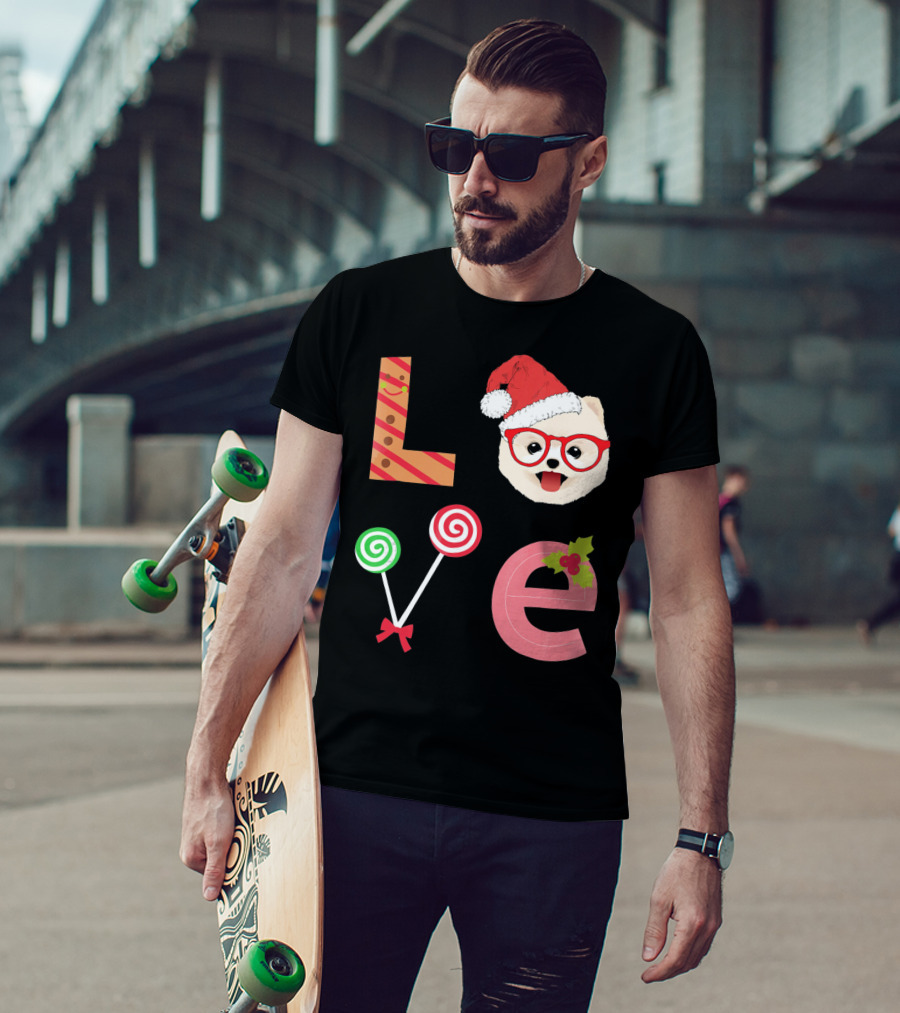 Love Pomeranian Santa Christmas Dog Candy Cane Glasses T-Shirt