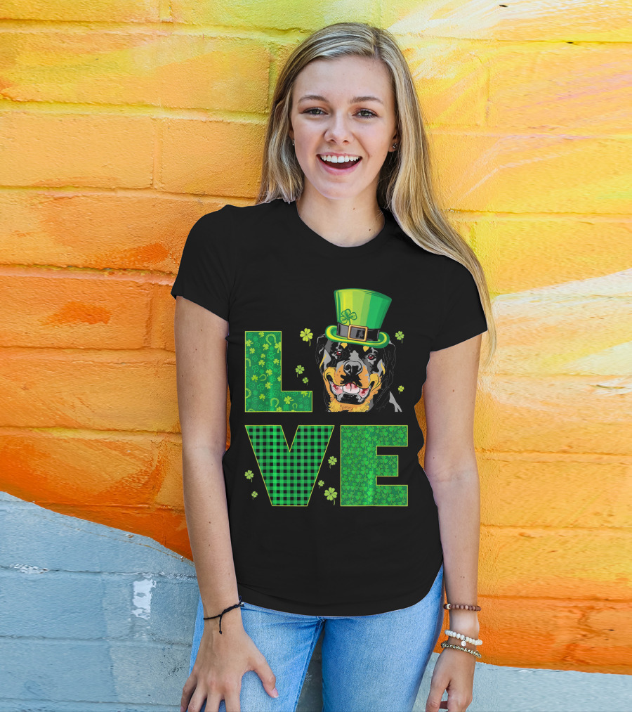 Love Rottweiler St. Patrick's Day Hat Green Shamrock Leaf T-Shirt