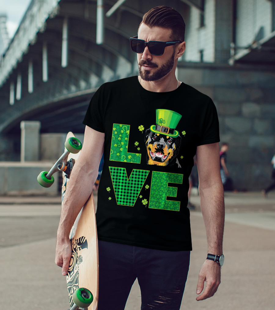 Love Rottweiler St. Patrick's Day Hat Green Shamrock Leaf T-Shirt