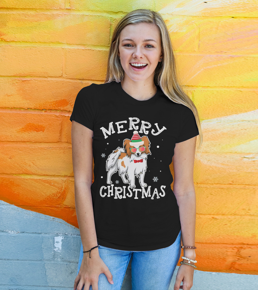 Merry Christmas Papillon Noel Hat Bowtie Snowflakes T-Shirt