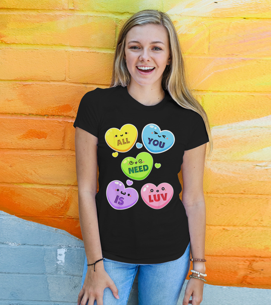 All You Need Is Luv Valentine Kawaii Heart Faces T-Shirt