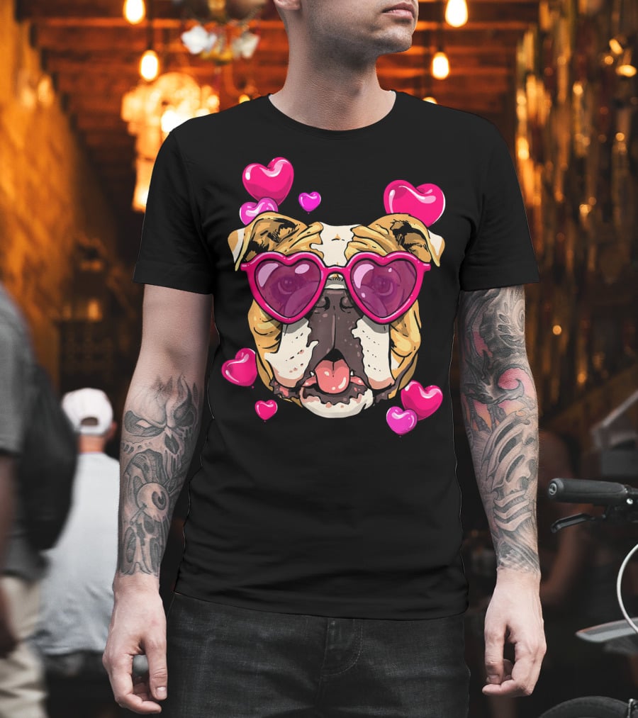 American Bulldog Heart Sunglasses Pink Hearts Valentine's Day T-Shirt