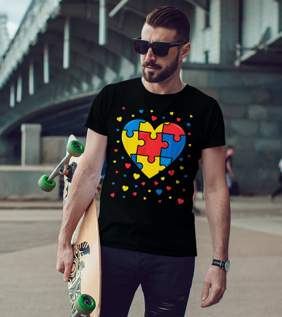 Autism Awareness Heart Puzzle Valentines Day Multicolor Love T-Shirt