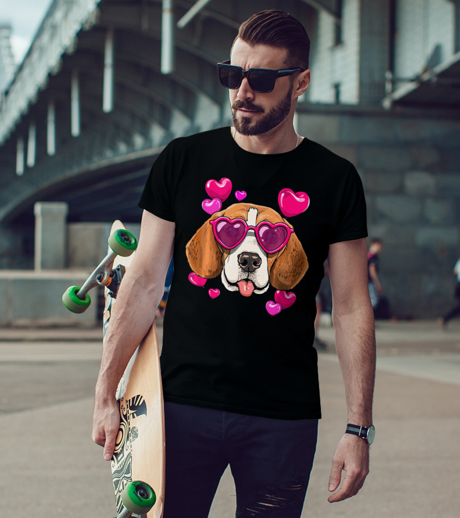 Beagle With Heart Sunglasses Surrounded By Pink Hearts Valentines Day Dog T-Shirt