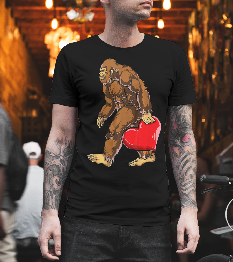 Bigfoot Carrying Heart Funny Valentine's Day T-Shirt